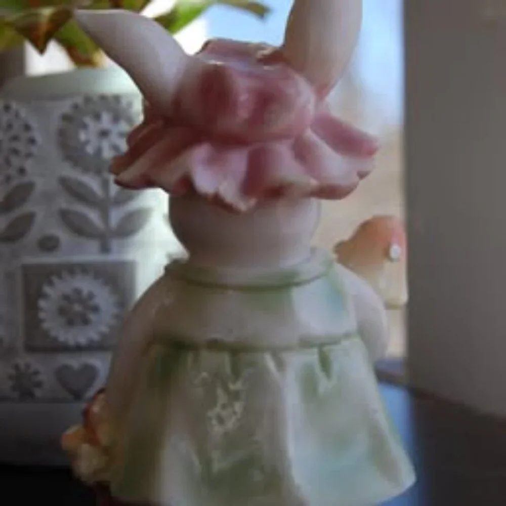 Vintage Easter Bunny Rabbit w/ Mushroom Basket Figurine Whimsical Cottagecore